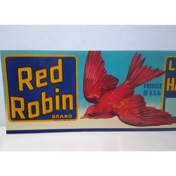 Red Robin Brand Fruit Crate Label 1950's Original Flying Bird Artwork Vintage - Picture 1 of 4